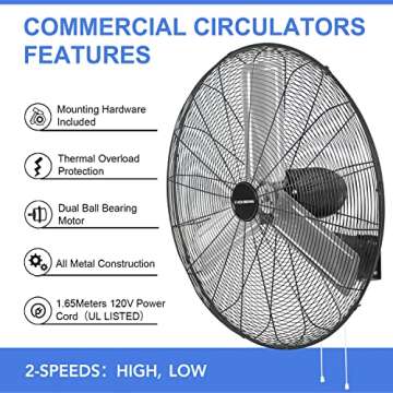 KEN BROWN 30 Inch Industrial Oscillating Wall Mount Fan 9500CFM,Heavy Duty Metal,High Velocity,2 Speed,Black