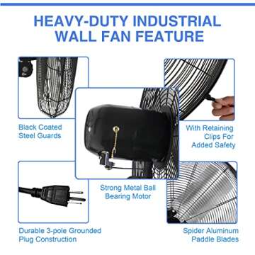 KEN BROWN 30 Inch Industrial Oscillating Wall Mount Fan 9500CFM,Heavy Duty Metal,High Velocity,2 Speed,Black