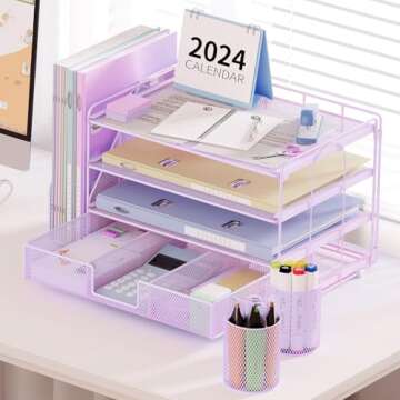 OPNICE Desk Organizers and Accessories, Paper Letter Tray File Organizer with Drawer and 2 Pen Holder, Classroom Office Supplies Decor Desk Accessories Workspace Desktop Organizer for Women(Purple)