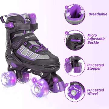 MammyGol Roller Skates for Kids Boys Girls, Adjustable Quad Skates with Light Up Wheels for Toddler Little Kids Ages 6-12 Size 13C 1 2, Beginners Outdoor Sports, Purple