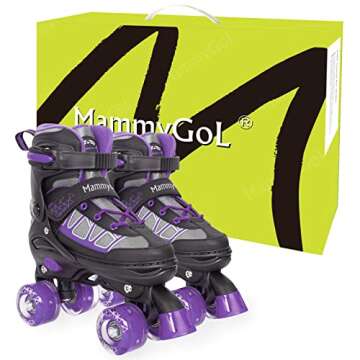 MammyGol Roller Skates for Kids Boys Girls, Adjustable Quad Skates with Light Up Wheels for Toddler Little Kids Ages 6-12 Size 13C 1 2, Beginners Outdoor Sports, Purple