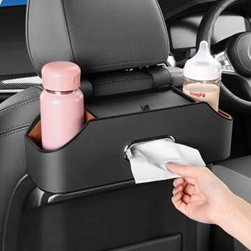 HALOYIVGO Car Seat Back Organizer - Stylish & Functional Storage for Family Adventures - Cup Holders, Tissue Box & Hooks - Perfect for Kids, Road Trips & Travel (Black)