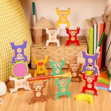 Battat Education – Stacking Toy for Kids – Wooden Stacking Monkeys – Developmental Toy – Fine Motor Skills – Interlock Toy, Balancing Building Blocks for 3 Years + (19 Pcs)