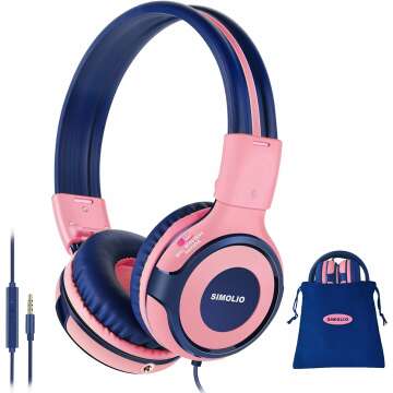 SIMOLIO Kids Headphones with 75dB,85dB,94dB Volume Limited & Share Jack, Headphones for Girls with Mic, Durable Children Headphones with Safe Volume, On-Ear Kids Headsets for Gift/School/Plane (Pink)