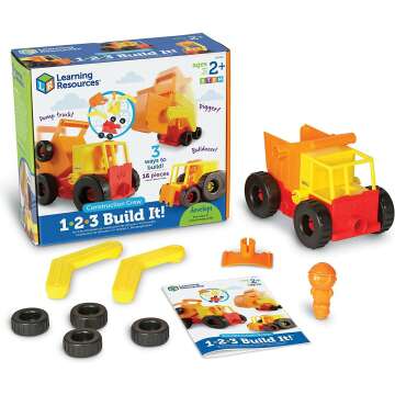 Learning Resources 1-2-3 Build It! Construction Crew Toy, Bulldozer, Digger, Dump Truck, STEM, Imaginative Play, 16 Pieces, Ages 2+