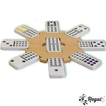 Regal Games - Mexican Train Dominoes Game Set - Double 15 Colored Dot Dominoes - 8 Metal Trains, 136 Tiles, Wooden Hub, Collector’s Tin - Fun Family-Friendly Game - for 2-8 Players