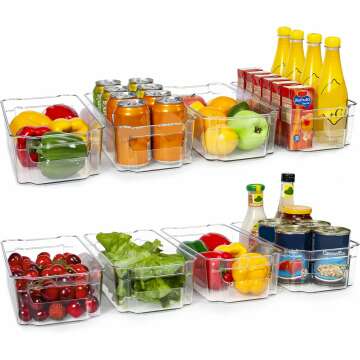 HOOJO Refrigerator Organizer Bins - 8pcs Clear Plastic Bins For Fridge, Freezer, Kitchen Cabinet, Pantry Organization, BPA Free Fridge Organizer, 12.5" Long, Clear