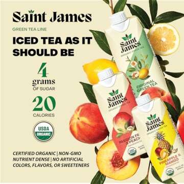 Saint James Iced Tea - Organic Green Tea - Non GMO, Gluten Free, Low Calorie & Low Sugar - Original Green Tea, 12 Pack (16.9 fl oz each)