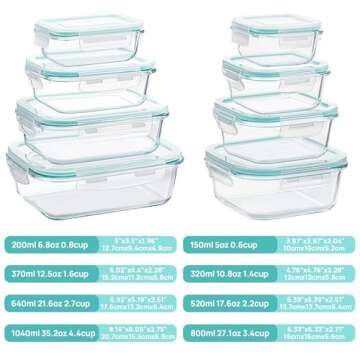 Vtopmart 8 Pack Glass Food Storage Containers , Meal Prep , Airtight Bento Boxes with Leak Proof Locking Lids, for Microwave, Oven, Freezer and Dishwasher, BPA Free