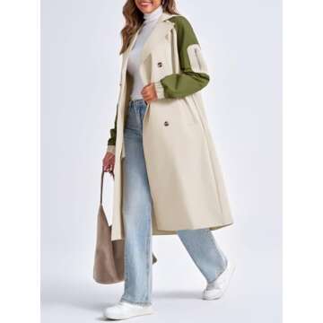 Tankaneo Women Color Block Long Trench Coat 2024 Fashion Single Breasted Classic Lapel Overcoat