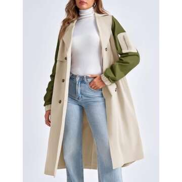 Tankaneo Women Color Block Long Trench Coat 2024 Fashion Single Breasted Classic Lapel Overcoat