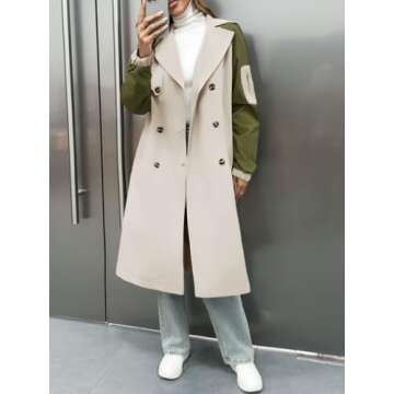 Tankaneo Women Color Block Long Trench Coat 2024 Fashion Single Breasted Classic Lapel Overcoat