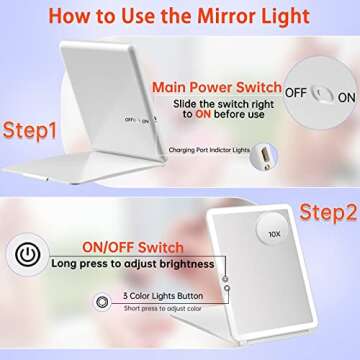 FUNTOUCH 1800mAh Rechargeable Large Travel Makeup Mirror with Lights, 10x7.5 Portable Lighted Makeup Mirror with 3 Color Lights, Dimming Folding Light Up Travel Mirrors with 10X Magnifying Mirror