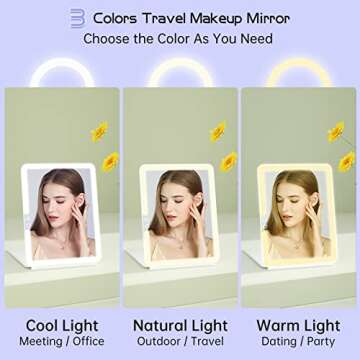 FUNTOUCH 1800mAh Rechargeable Large Travel Makeup Mirror with Lights, 10x7.5 Portable Lighted Makeup Mirror with 3 Color Lights, Dimming Folding Light Up Travel Mirrors with 10X Magnifying Mirror