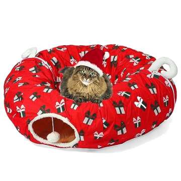 LUCKITTY Cat Tunnel Bed Under Christmas Tree 3FT x 3FT x 9.8IN - Decorative Christmas Style with Box Patterns - Red Color Perfect for Festive Felines Small Animals