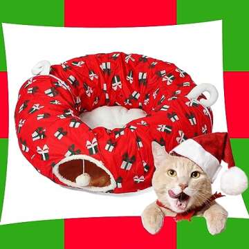 LUCKITTY Cat Tunnel Bed Under Christmas Tree 3FT x 3FT x 9.8IN - Decorative Christmas Style with Box Patterns - Red Color Perfect for Festive Felines Small Animals