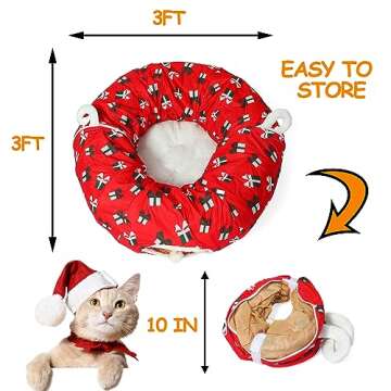 LUCKITTY Cat Tunnel Bed Under Christmas Tree 3FT x 3FT x 9.8IN - Decorative Christmas Style with Box Patterns - Red Color Perfect for Festive Felines Small Animals