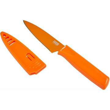 Kuhn Rikon Straight Paring Knife with Safety Sheath, 4 inch/10.16 cm Blade, Orange