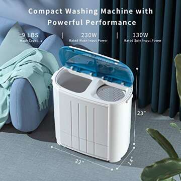 Auertech Portable Washing Machine, 14lbs Mini Twin Tub Washer Compact Laundry Machine with Built-in Gravity Drain Time Control, Semi-automatic 9lbs Washer 5lbs Spinner for Dorms, Apartments, RVs