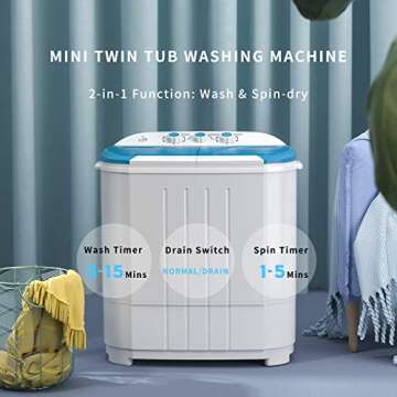 Auertech Portable Washing Machine, 14lbs Mini Twin Tub Washer Compact Laundry Machine with Built-in Gravity Drain Time Control, Semi-automatic 9lbs Washer 5lbs Spinner for Dorms, Apartments, RVs