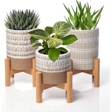 Kurrajong Farmhouse Set of 3 Mini Plant Stands with pots - 3 Small mid Century Planter Stands with 3 Small Indoor pots - Two pots are 5.75" high and one Pot is 3.5" high - Plants not Included