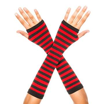 Music Legs Women's Opaque Stripes Arm Warmer, Black/Red, One Size