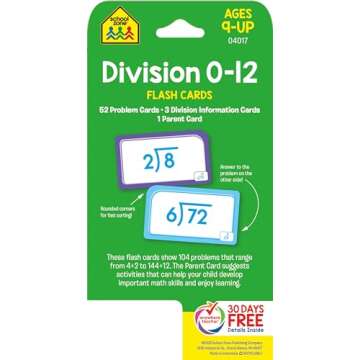 School Zone - Division 0-12 Flash Cards - Ages 9 and Up, 3rd Grade, 4th Grade, Math Equations, Division Practice, Dividends, Numbers 0-12, and More