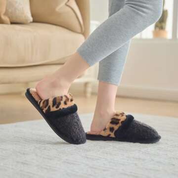 Cozy Slippers for Women Indoor and Outdoor Fuzzy House Shoes with Memory Foam Anti-Skid Sole Gifts for Women Mom Ladies Leopard