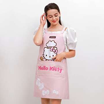 CHEFMADE Hello Kitty 100% Cotton Apron with Gift Box, Adjustable Cross Back Dress with 2 Pockets Kitchen Aprons, Kitty Kitchen Maid Print for Baking Cooking Drawing Gardening BBQ & Grill