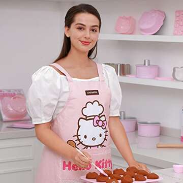 CHEFMADE Hello Kitty 100% Cotton Apron with Gift Box, Adjustable Cross Back Dress with 2 Pockets Kitchen Aprons, Kitty Kitchen Maid Print for Baking Cooking Drawing Gardening BBQ & Grill