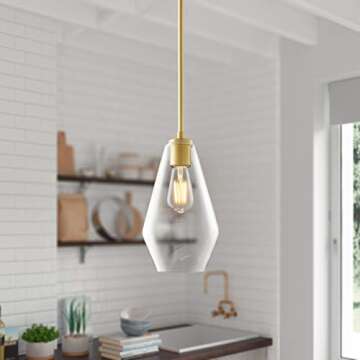 Linea di Liara Giada Modern Glass Farmhouse Pendant Lighting for Kitchen Island and Over Sink Lighting Fixtures Gold Pendant Light Hanging Ceiling Light Long Clear Glass Shade, UL Listed