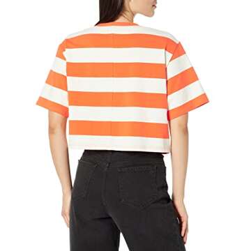 The Drop Women's Sydney Short-Sleeve Cropped Crew Neck T-Shirt, Fire Orange/Whisper White Rugby Stripe, XXL, Plus Size