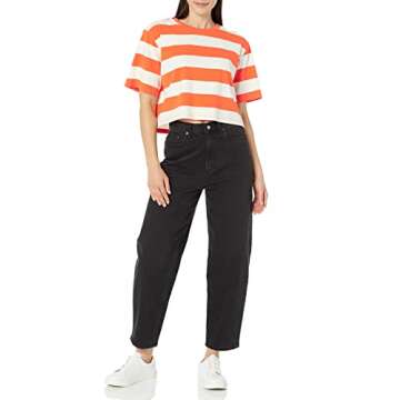 The Drop Women's Sydney Short-Sleeve Cropped Crew Neck T-Shirt, Fire Orange/Whisper White Rugby Stripe, XXL, Plus Size