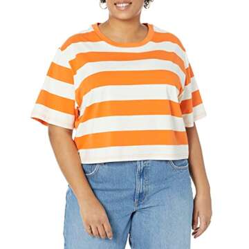 The Drop Women's Sydney Short-Sleeve Cropped Crew Neck T-Shirt, Fire Orange/Whisper White Rugby Stripe, XXL, Plus Size