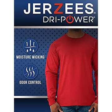 Jerzees Men's Dri-Power Cotton Blend Long Sleeve Tees, Moisture Wicking, Odor Protection, UPF 30+, Sizes S-3X, Black, X-Large