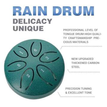 Rain Drum for Outside Garden - 3 Inches 6 Notes Steel Tongue Drum Rain Chime, Mini Chakra Drum for Rain, Steel Tongue Drum, Upgraded Steel Tongue Drum Hand Drums with Bag Sticks Music Book (Black)