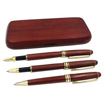 3 Pcs Wooden Pens Set with Luxury Gift Case - Stylish Fountain & Ballpoint Pens