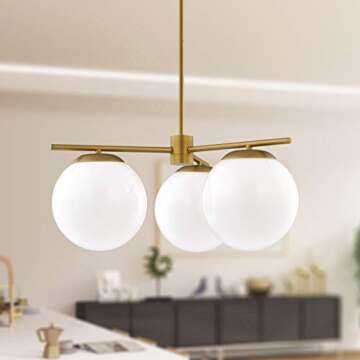 Linea di Liara Satin Brass Modern 3 Light Globe Chandelier - Caserti Mid Century Clear Glass Ceiling Light for Kitchen, Dining Room and Hallways