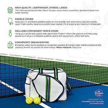 Queen of the Court - Brooklyn Pickleball Bag - Pickleball Bags Women, Pickle Ball Bag, Pickleball Case, Pickleball Tote Bag, Pickelball Bag, Pickle ball Bag For Women (White Navy/Green/Silver)