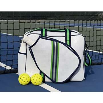 Queen of the Court - Brooklyn Pickleball Bag - Pickleball Bags Women, Pickle Ball Bag, Pickleball Case, Pickleball Tote Bag, Pickelball Bag, Pickle ball Bag For Women (White Navy/Green/Silver)