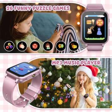 HAPPINNO 1.69'' Kids Smart Watch,Boys Girls Smartwatch, Pedomter 26 Puzzle Games Camera Video Music Player Flashlight Alarm Clock,4-12 Years Children Birthday (Pink)