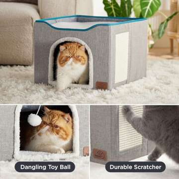 Bedsure Cat Beds for Indoor Cats - Large Cat Cave for Pet Cat House with Fluffy Ball Hanging and Scratch Pad, Foldable Cat Hideaway,16.5x16.5x13 inches, Grey