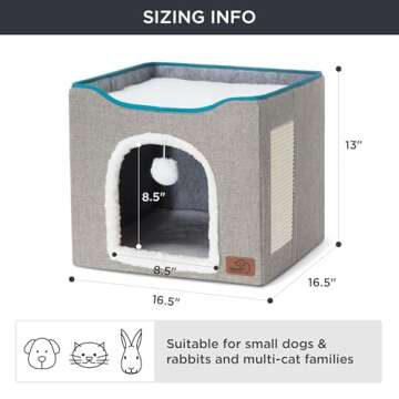 Bedsure Cat Beds for Indoor Cats - Large Cat Cave for Pet Cat House with Fluffy Ball Hanging and Scratch Pad, Foldable Cat Hideaway,16.5x16.5x13 inches, Grey