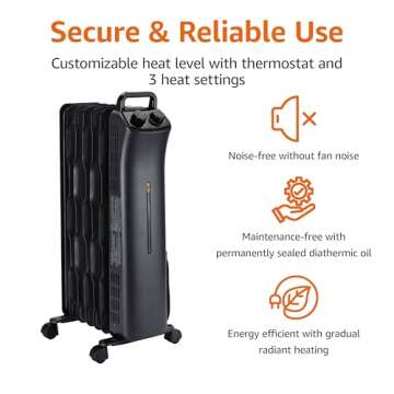 Amazon Basics Oil Space Heater, Portable Radiator Heater with 7 Oil-Filled Fins for Indoor Use, 3 Heat Settings, Thermostat, Tip-Over Protection, ETL Safety Certificate, Manual Control, 1500W, Black