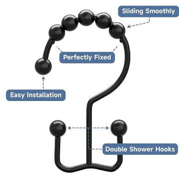 Titanker Black Shower Curtain Hooks Rings, Rust-Resistant Metal Double Glide Shower Hooks for Bathroom Shower Rods Curtains, Set of 12 Hooks - Matte Black