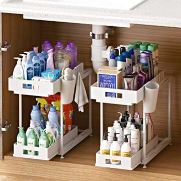 NYYTGE Double Sliding Under Sink Organizer, 2 Tier Bathroom Organizer with 1 Cup 4 Hooks, Multi-purpose Under Cabinet Storage Rack, Under Sink Organizers and Storage for Home Kitchen Organization