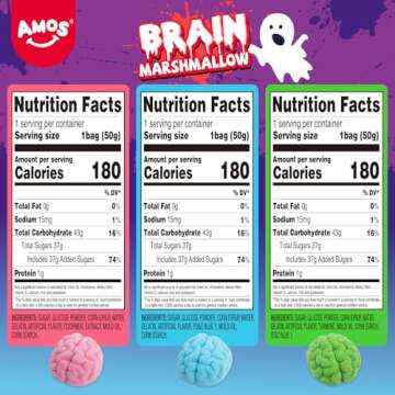 Amos Halloween Gummy Brain Marshmallow, Mixed Fruit Flavors, 5.29oz Pack Individually Wrapped 3 Pieces - Trick or Treat Bags