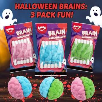 Amos Halloween Gummy Brain Marshmallow, Mixed Fruit Flavors, 5.29oz Pack Individually Wrapped 3 Pieces - Trick or Treat Bags