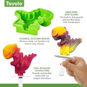 Tovolo Silicone Popsicle Molds with Sticks (4-Pack, Dino) - Reusable Ice Pop Molds for Homemade Flavored Ice Pops & Frozen Snacks - Stackable Popsicle Maker with Lid, Dishwasher Safe & BPA-Free