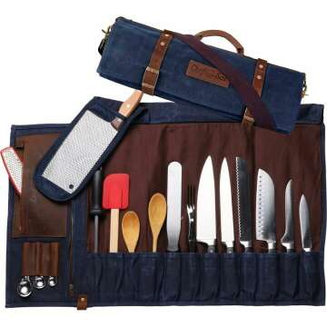 Chef Knife Roll Bag | 16oz ULTRA Wax Canvas & Top Grain Leather | 22 Slots & 4 Zipper Pouch | Double Stitch | Water-Resistant | Cleaver Pouch | Knife Organizer for Chefs and Culinary Students